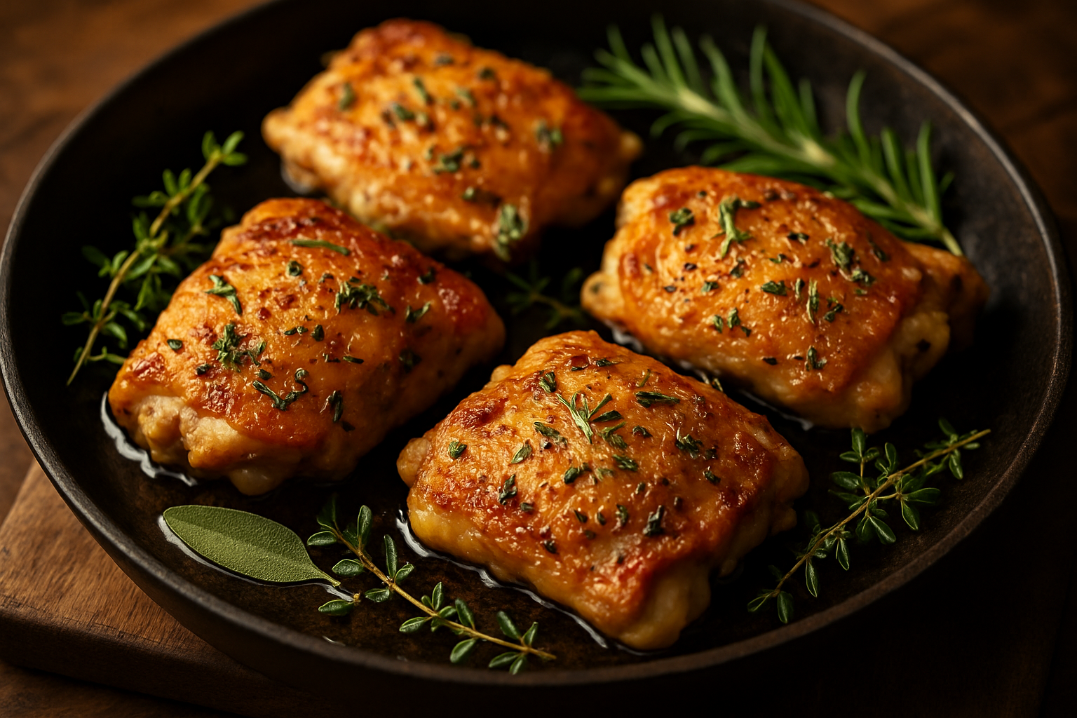 Boneless skin on chicken thigh cooked with herbs