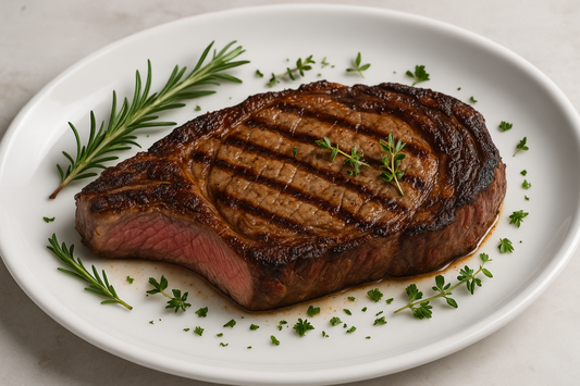 Grass fed and grain finished ribeye steak cooked on a white platter with with herb garnishes