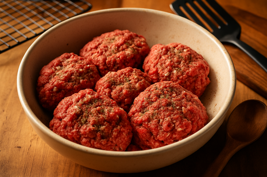 Hamburger meat in a bowl, mixed and ready for the grill