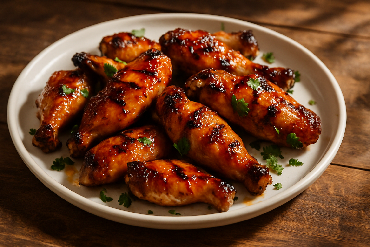 Honey glazed grilled chicken wings on a white dish